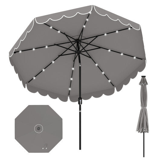 9.3 FT Solar Patio Umbrella with 24 LED Lights Vented Top and Ruffles-Gray LuxuryLifeWay Online Store