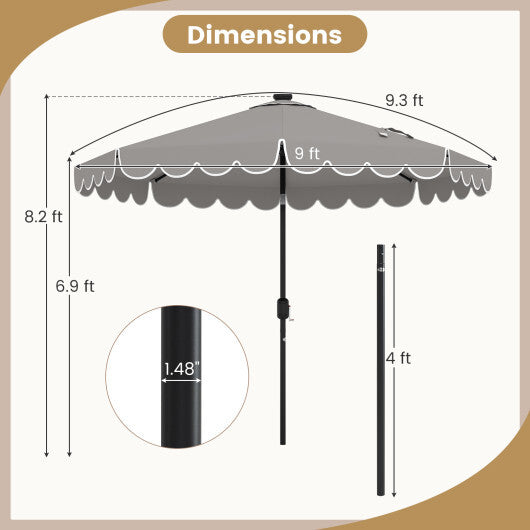 9.3 FT Solar Patio Umbrella with 24 LED Lights Vented Top and Ruffles-Gray LuxuryLifeWay Online Store