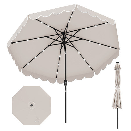 9.3 FT Solar Patio Umbrella with 24 LED Lights Vented Top and Ruffles-Gray LuxuryLifeWay Online Store