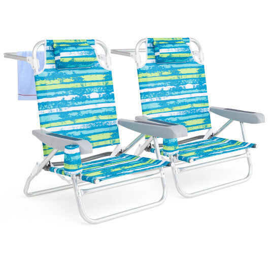 2 Pack Folding Beach Chair with Adjustable Positions and Head Pillow-Green LuxuryLifeWay Online Store