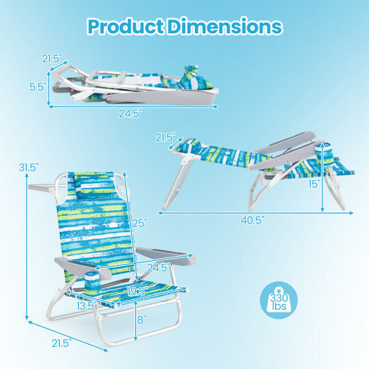 2 Pack Folding Beach Chair with Adjustable Positions and Head Pillow-Green LuxuryLifeWay Online Store