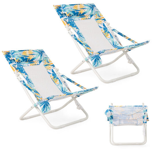 Folding Low Beach Chair Set of 2 Patio Sling Chairs with Padded Head Pillow-Blue LuxuryLifeWay Online Store
