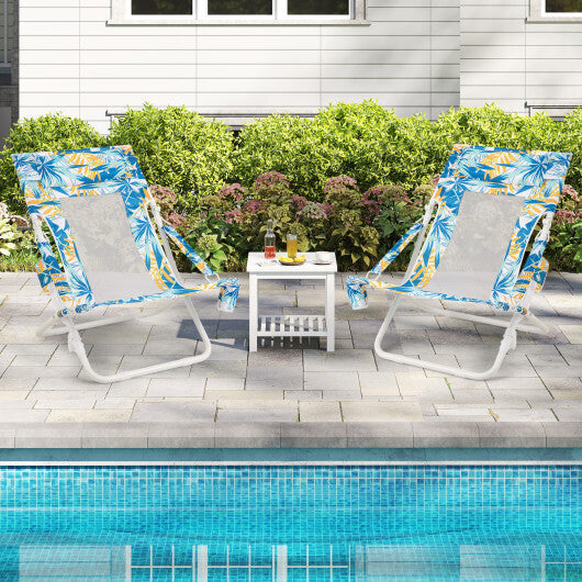 Folding Low Beach Chair Set of 2 Patio Sling Chairs with Padded Head Pillow-Blue LuxuryLifeWay Online Store