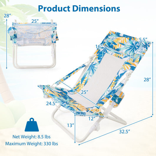 Folding Low Beach Chair Set of 2 Patio Sling Chairs with Padded Head Pillow-Blue LuxuryLifeWay Online Store