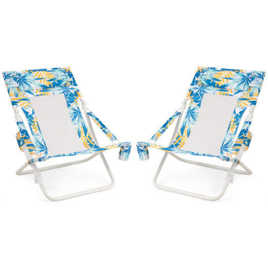 Folding Low Beach Chair Set of 2 Patio Sling Chairs with Padded Head Pillow-Blue LuxuryLifeWay Online Store
