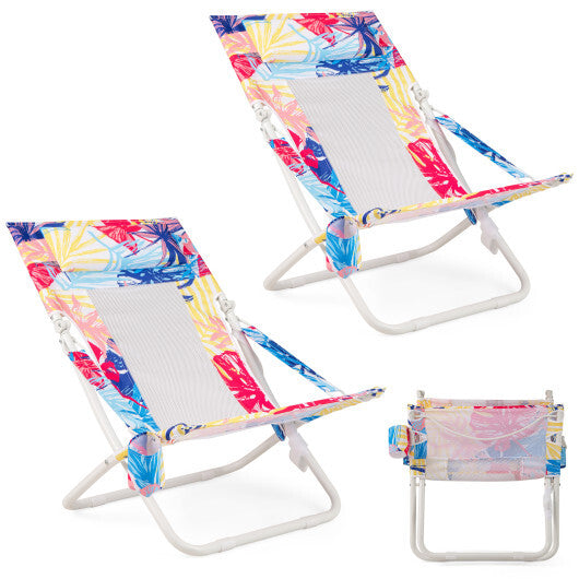 Folding Low Beach Chair Set of 2 Patio Sling Chairs with Padded Head Pillow-Blue LuxuryLifeWay Online Store