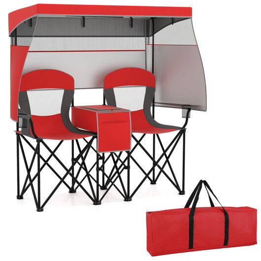 Double Beach Chair with Adjustable Canopy and 3 -Side Shading Curtains-Red LuxuryLifeWay Online Store
