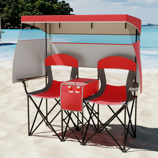 Double Beach Chair with Adjustable Canopy and 3 -Side Shading Curtains-Red LuxuryLifeWay Online Store