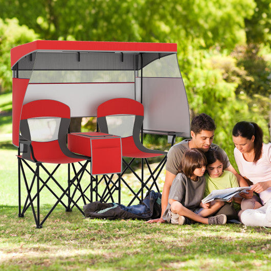 Double Beach Chair with Adjustable Canopy and 3 -Side Shading Curtains-Red LuxuryLifeWay Online Store