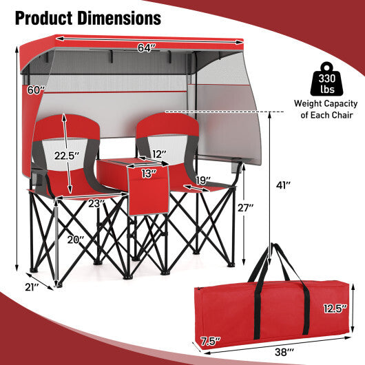 Double Beach Chair with Adjustable Canopy and 3 -Side Shading Curtains-Red LuxuryLifeWay Online Store