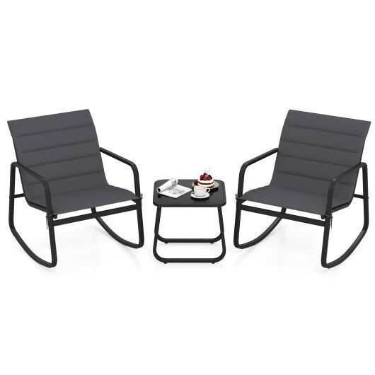 3 Piece Outdoor Rocking Bistro Set Porch Rocker Chairs with Tempered Glass Table-Gray LuxuryLifeWay Online Store