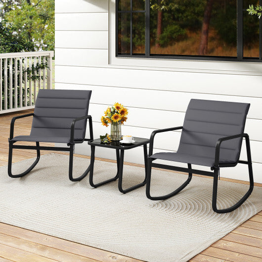 3 Piece Outdoor Rocking Bistro Set Porch Rocker Chairs with Tempered Glass Table-Gray LuxuryLifeWay Online Store