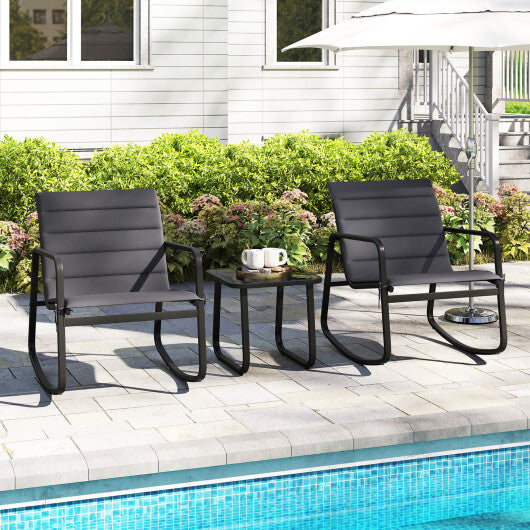 3 Piece Outdoor Rocking Bistro Set Porch Rocker Chairs with Tempered Glass Table-Gray LuxuryLifeWay Online Store