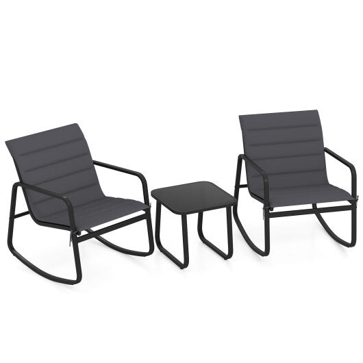 3 Piece Outdoor Rocking Bistro Set Porch Rocker Chairs with Tempered Glass Table-Gray LuxuryLifeWay Online Store