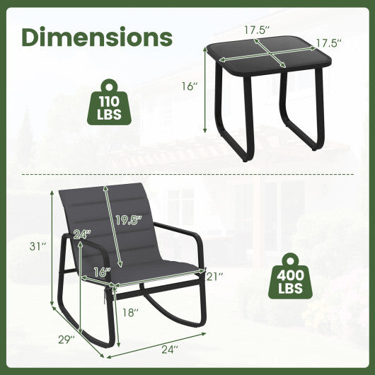 3 Piece Outdoor Rocking Bistro Set Porch Rocker Chairs with Tempered Glass Table-Gray LuxuryLifeWay Online Store