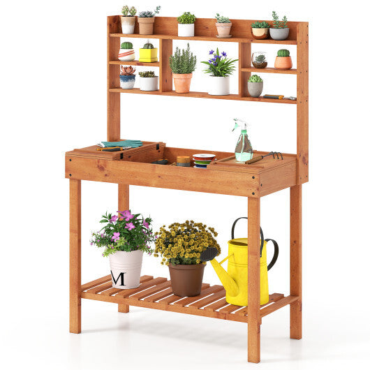 Wooden Potting Bench Table  61" Garden Planting Workstation with 3-Tier Open Shelf-Brown