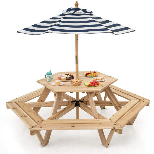 Kids Hexagonal Picnic Table with Adjustable Umbrella and Chairs-Natural LuxuryLifeWay Online Store