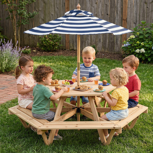 Kids Hexagonal Picnic Table with Adjustable Umbrella and Chairs-Natural LuxuryLifeWay Online Store