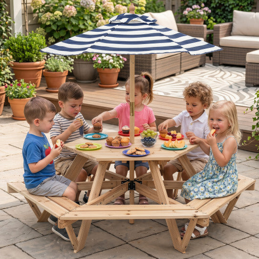 Kids Hexagonal Picnic Table with Adjustable Umbrella and Chairs-Natural LuxuryLifeWay Online Store