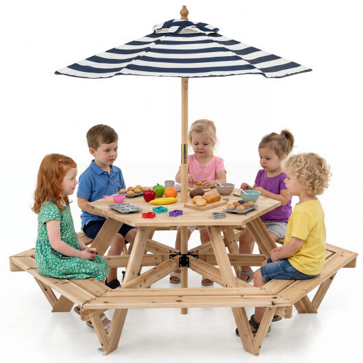 Kids Hexagonal Picnic Table with Adjustable Umbrella and Chairs-Natural LuxuryLifeWay Online Store
