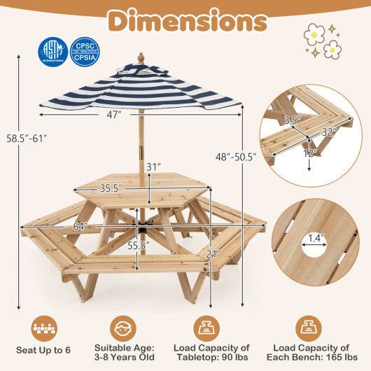 Kids Hexagonal Picnic Table with Adjustable Umbrella and Chairs-Natural LuxuryLifeWay Online Store