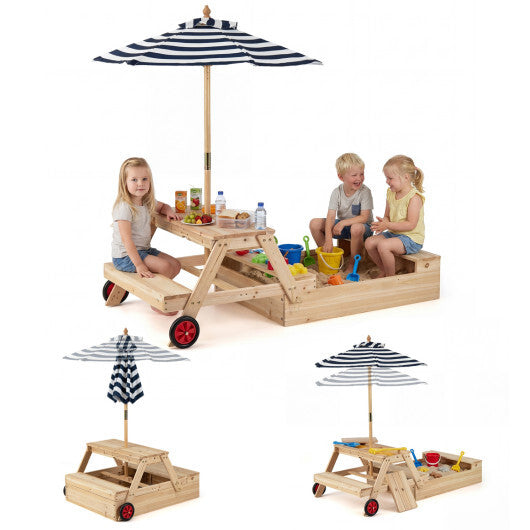 2-in-1 Wooden Sandbox with Foldable Umbrella and Convertible Picnic Table-Blue LuxuryLifeWay Online Store