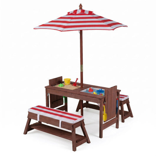 Outdoor Kids Wooden Picnic Table and Benches Set with Umbrella-Red LuxuryLifeWay Online Store