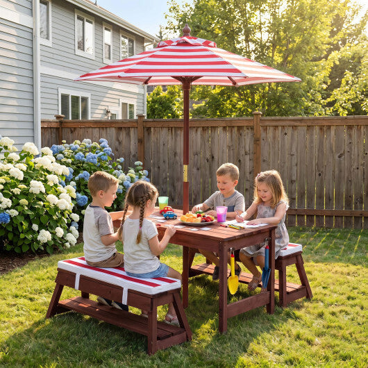 Outdoor Kids Wooden Picnic Table and Benches Set with Umbrella-Red LuxuryLifeWay Online Store