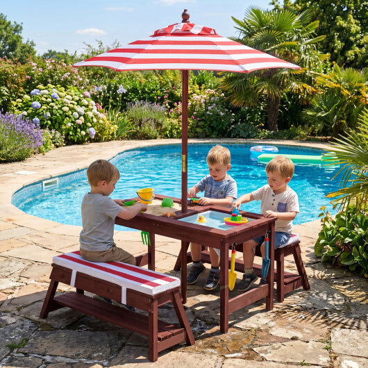 Outdoor Kids Wooden Picnic Table and Benches Set with Umbrella-Red LuxuryLifeWay Online Store