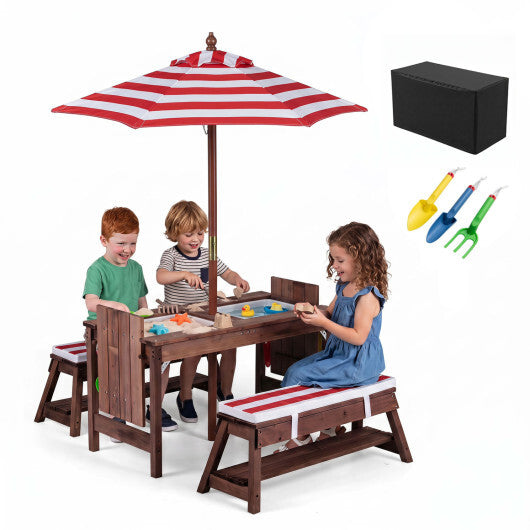 Outdoor Kids Wooden Picnic Table and Benches Set with Umbrella-Red LuxuryLifeWay Online Store