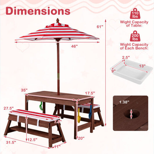 Outdoor Kids Wooden Picnic Table and Benches Set with Umbrella-Red LuxuryLifeWay Online Store