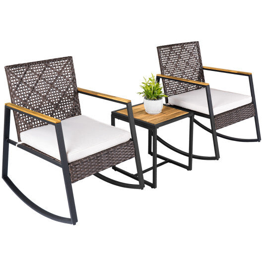 3-Piece Wicker Rocking Chair Set with Coffee Table and Cushions for Porch-Beige LuxuryLifeWay Online Store