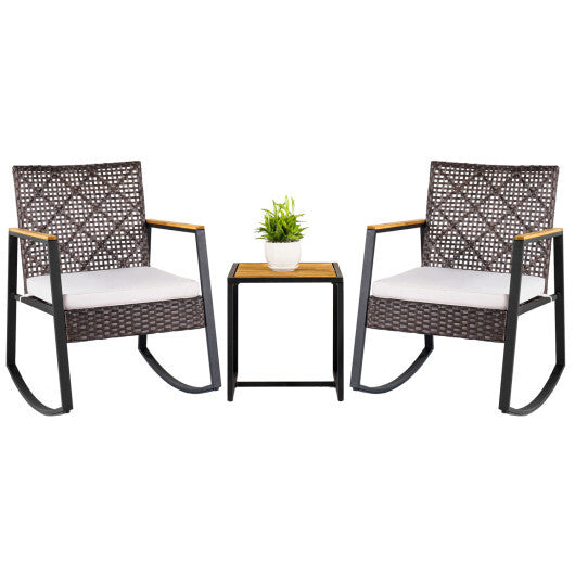 3-Piece Wicker Rocking Chair Set with Coffee Table and Cushions for Porch-Beige LuxuryLifeWay Online Store