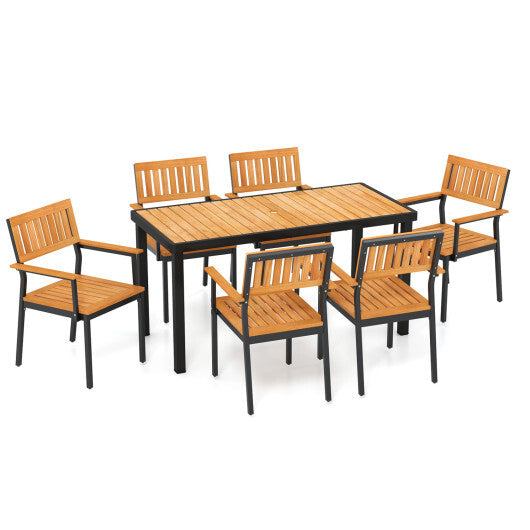 7-Piece Outdoor Dining Set for 6 with Acacia Table & Armchairs and Umbrella Hole LuxuryLifeWay Online Store