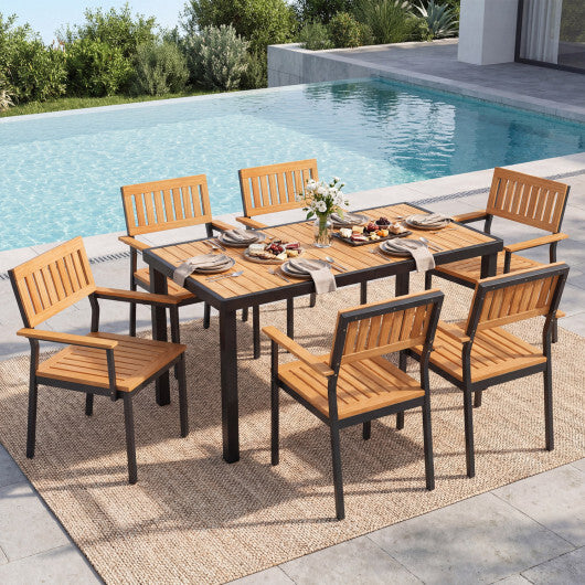 7-Piece Outdoor Dining Set for 6 with Acacia Table & Armchairs and Umbrella Hole LuxuryLifeWay Online Store