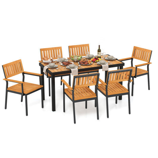 7-Piece Outdoor Dining Set for 6 with Acacia Table & Armchairs and Umbrella Hole LuxuryLifeWay Online Store