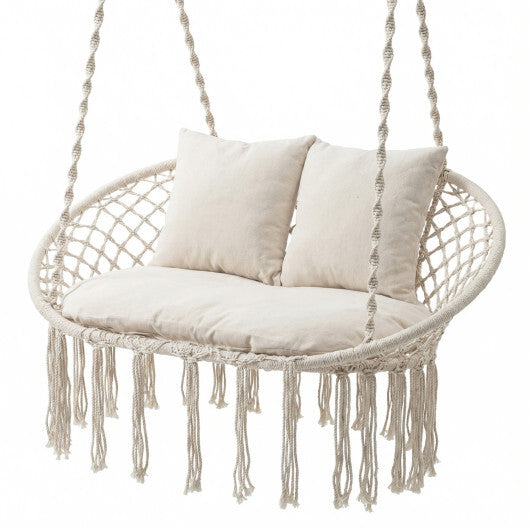 Double Swing Chair with Cushions Macrame Hanging Hammock Chair for Indoor and Outdoor Use-Beige LuxuryLifeWay Online Store