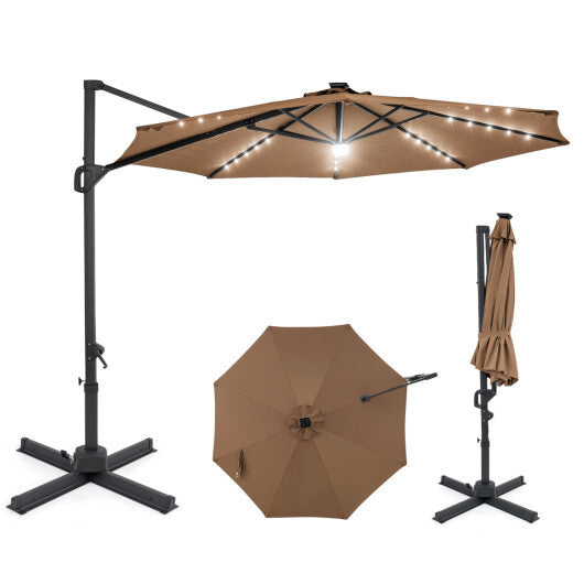 10 FT Cantilever Patio Umbrella with Solar LED Lights 360? Rotation-Brown LuxuryLifeWay Online Store
