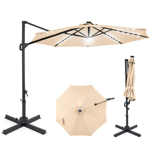 10 FT Cantilever Patio Umbrella with Solar LED Lights 360? Rotation-Brown LuxuryLifeWay Online Store
