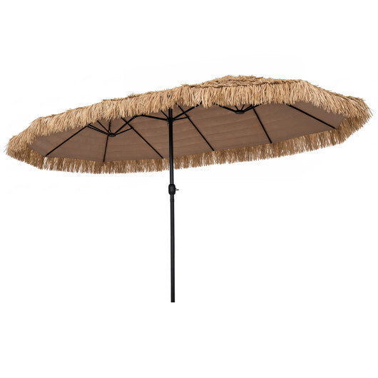 15 x 9 FT Double-sided Thatched Tiki Patio Umbrella with Crank Handle and 12 Sturdy Ribs-Brown LuxuryLifeWay Online Store