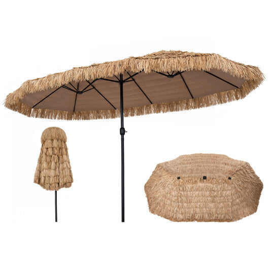 15 x 9 FT Double-sided Thatched Tiki Patio Umbrella with Crank Handle and 12 Sturdy Ribs-Brown