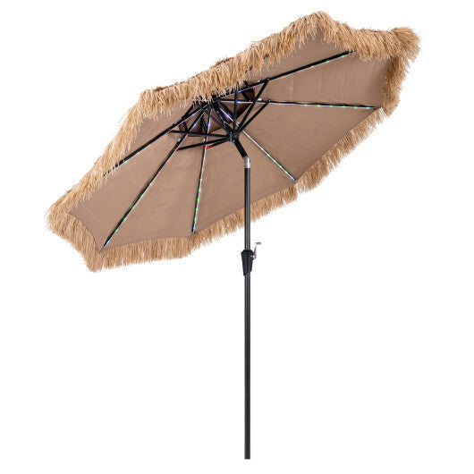 9 FT Solar Thatched Tiki Umbrella with 96 Multi-colored Flowing Lights and 12 Modes-Beige