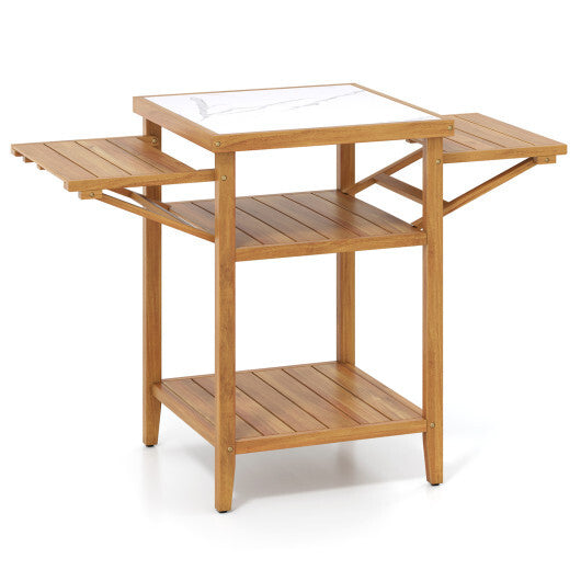 Acacia Wood Outdoor Grill Table with Faux Marble Top and Drop-Leaf Side Panels LuxuryLifeWay Online Store