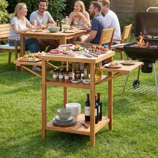 Acacia Wood Outdoor Grill Table with Faux Marble Top and Drop-Leaf Side Panels LuxuryLifeWay Online Store