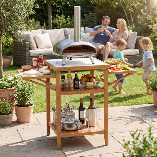 Acacia Wood Outdoor Grill Table with Faux Marble Top and Drop-Leaf Side Panels LuxuryLifeWay Online Store