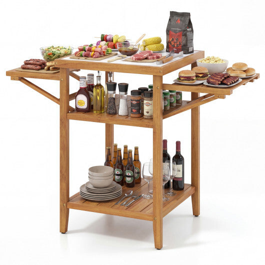 Acacia Wood Outdoor Grill Table with Faux Marble Top and Drop-Leaf Side Panels LuxuryLifeWay Online Store