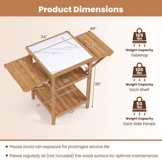 Acacia Wood Outdoor Grill Table with Faux Marble Top and Drop-Leaf Side Panels LuxuryLifeWay Online Store