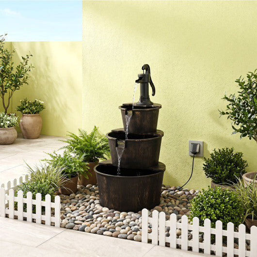 3-Tier Outdoor Barrel Waterfall Fountain with Electric Pump