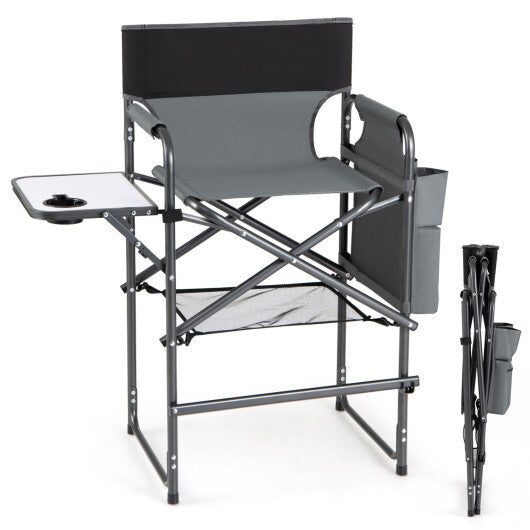 Folding Tall Director Chair 26 Inch Seat Height Portable Camping Chair with Side Table-Gray LuxuryLifeWay Online Store