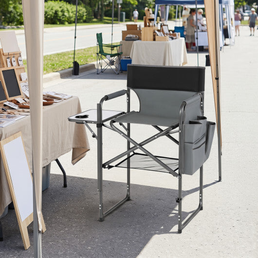 Folding Tall Director Chair 26 Inch Seat Height Portable Camping Chair with Side Table-Gray